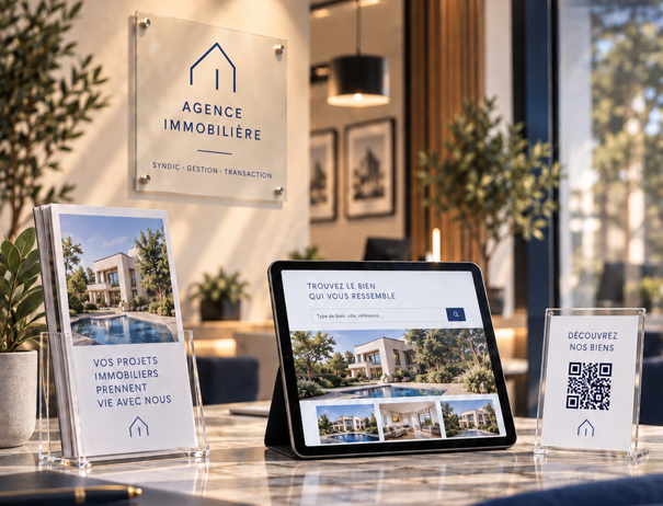 Déclinaison de la signalétique immobilière du digitale au physique.